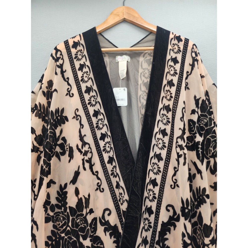 Free People OS Burnout Velvet Kimono Fringe Floral Wrap Black Pink Oversized NWT - Picture 3 of 13